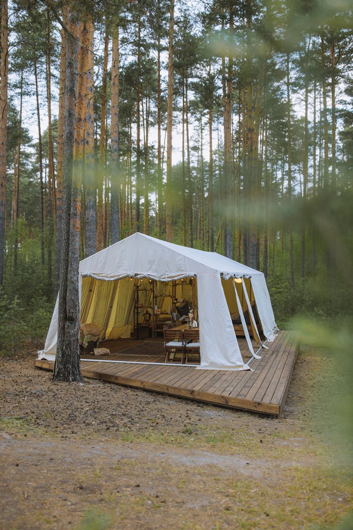 Cozy glamping tent nestled in a serene forest setting on a wooden deck, perfect for a peaceful getaway.